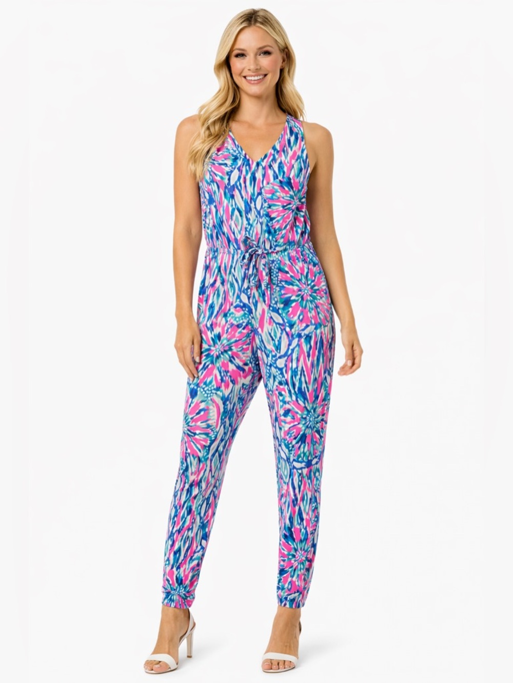 Lilly Pulitzer Jumpsuit Paulina Printed Tiki Pink ‘Shake It Up’ V Neck Women's S